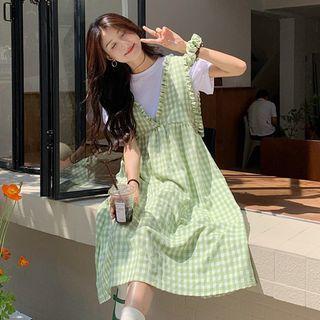 Plaid Midi Overall Dress / Short-sleeve Plain T-shirt
