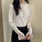Long-sleeve Lace Trim Knit Top White - One Size