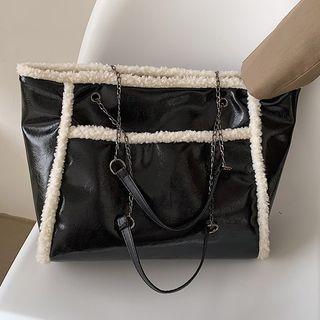 Chain Fleece Trim Tote Bag Black - One Size