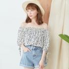 Elbow-sleeve Floral Chiffon Top White - One Size