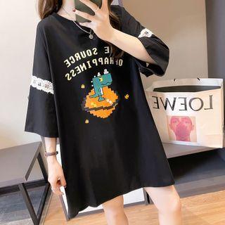 Elbow-sleeve Lace Panel Oversized Top