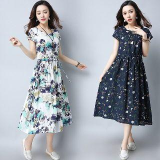 Short-sleeve Drawstring Print Dress