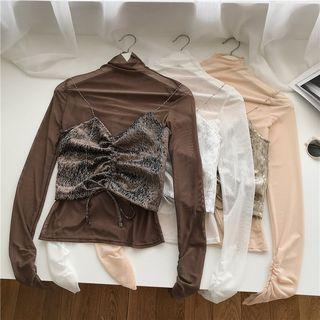 Set: Mock-turtleneck Long-sleeve T-shirt + Jacquard Drawstring Camisole Top