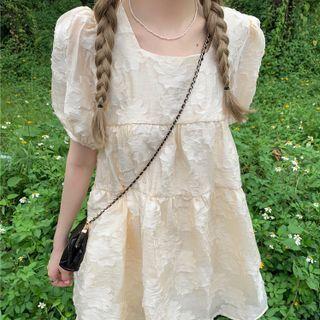 Set: Puff-sleeve Square-neck Mini A-line Dress + Shorts Dress - Almond - One Size / Shorts - Almond - One Size