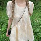 Set: Puff-sleeve Square-neck Mini A-line Dress + Shorts Dress - Almond - One Size / Shorts - Almond - One Size