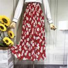 High-waist Floral Print A-line Chiffon Dress