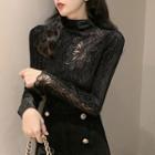 Long-sleeve Lace-panel Rhinestone Top Black - One Size