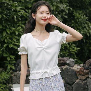 Drawstring Short-sleeve Blouse Milky White - One Size