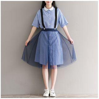 Set: Plaid Short Sleeve Shirt Dress + Suspender Midi Skirt