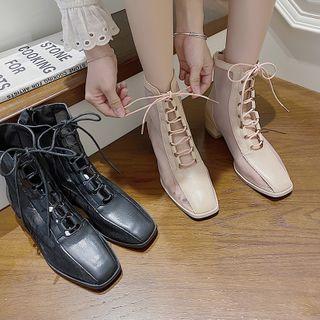 Lace Up Block Heel Mesh Panel Short Boots