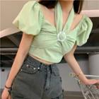 Puff-sleeve Floral Buckled Blouse Green - One Size
