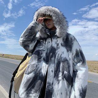 Faux Fur Trim Hooded Tie-dye Jacket