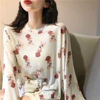 Loose-fit Rose-print Mesh Top As Shown In Figure - One Size