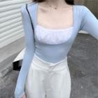 Long-sleeve Paneled Knit Top Blue - One Size