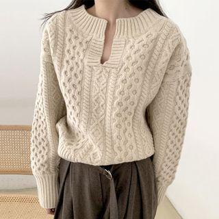 Split-neck Cable Knit Sweater