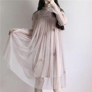 Lace Panel Flower Applique Long Sleeve Mesh Dress