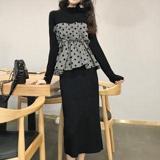 Midi Knit Skirt / Mock Two-piece Dotted Long-sleeve Top