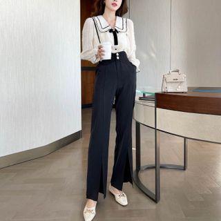 Set: Lace Blouse + Suspender Slit Wide Leg Pants