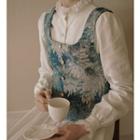 Long-sleeve Lace Trim Midi A-line Shirt Dress / Floral Button-up Vest