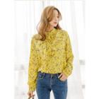 Mandarin-collar Ruffle-front Floral Blouse