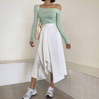 Asymmetric-hem Long Satin Skirt