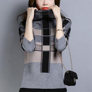 Turtleneck Elbow-sleeve Plaid Top