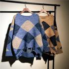 Argyle Round-neck Distressed Sweater