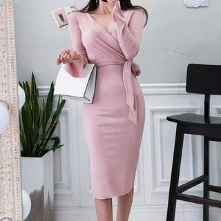 Long-sleeve Tie Waist Knit Sheath Dress