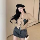 Long-sleeve Heart Print Cardigan Khaki - One Size