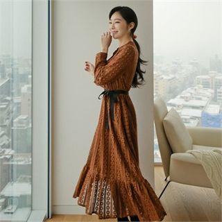 Half-placket Laced Dress With Sash