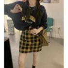 Long-sleeve Letter Embroidered Sweatshirt / High-waist Plaid Mini Skirt