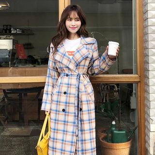 Double-breasted Plaid Trench Coat With Sash Yellow - One Size