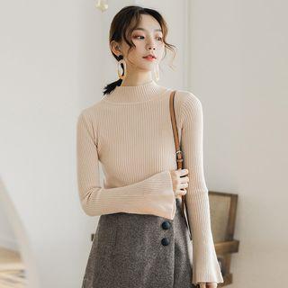 Mock Neck Bell-sleeve Ribbed Knit Top Almond - One Size
