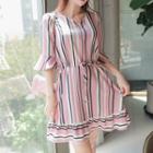 Bell-sleeve Drawstring-waist Stripe Dress Pink - One Size