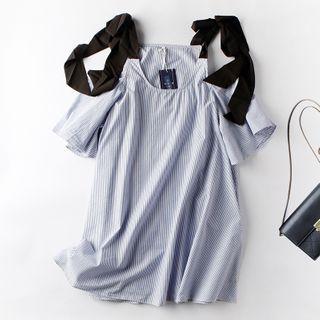Tie-strap Cold-shoulder Striped Mini A-line Dress