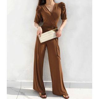 Shirred-sleeve Tie-waist Jumpsuit