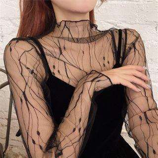Long-sleeve Contrast Trim Mesh Top Black - One Size