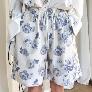 Drawstring Waist Flower Sport Shorts