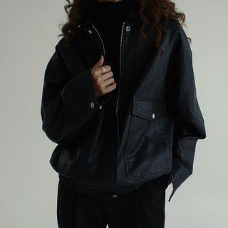 Plain Faux Leather Pocket Oversize Jacket