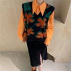 Flower Print Knit Vest / Plain Shirt / Slit Midi Pencil Skirt