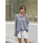 Buttoned-neck Striped Oversized Knit Top