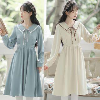 Long-sleeve Peter Pan Collar Plain Midi A-line Dress
