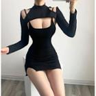 Cold-shoulder Long-sleeve Cropped T-shirt / Spaghetti-strap Mini Sheath Dress