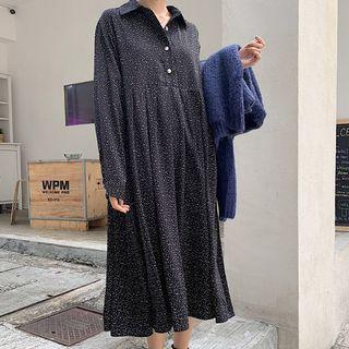 Long-sleeve Dotted Midi Shirt Dress Black - One Size
