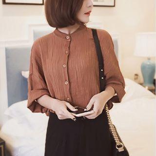Elbow-sleeve Band Collar Blouse