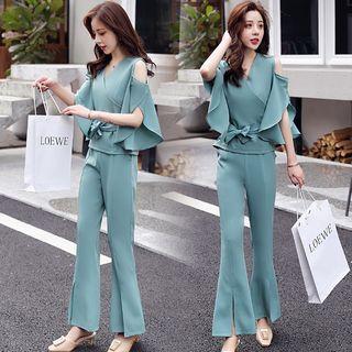 Set: Elbow-sleeve Top + Crop Boot Cut Pants