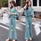 Set: Elbow-sleeve Top + Crop Boot Cut Pants