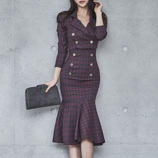 Set: Plaid Double-breasted Crop Blazer + Sleeveless Mermaid Sheath Dress
