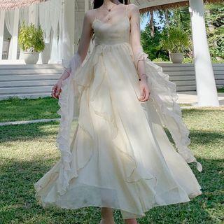 Light Jacket / Spaghetti Strap A-line Midi Dress