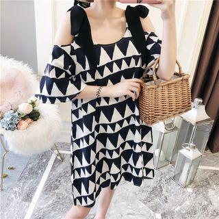 Elbow-sleeve Cold Shoulder Pattern Dress